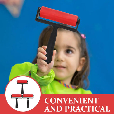 Child holding a red plastic ink roller from the 3 Pack Slick Glide Plastic Ink Rollers For Printmaking And Diamond Art Projects With Top Tier Build For Hassle Free Even Paint Spread And Legit Durable Home Craft Stamping Tool Set.