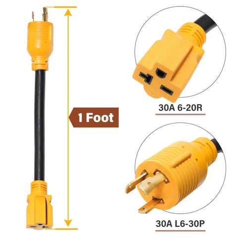Heavy Duty Heft No Sweat Setup Nema L6-30P To L6-20R Locking Adapter Cord, one foot orange 12 AWG power cable.