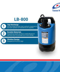 LB-800 Submersible Dewatering Pump featuring top discharge, durable materials, and slimline design.