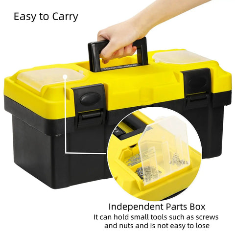16 Inch Plastic Toolbox With Handle Portable Toolbox With Removable Tray And Lockable Design Built Tough For Home Workshop Or Garage With Small Parts Box In Black And Yellow