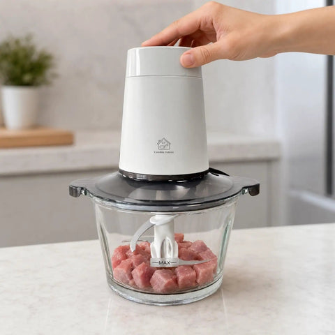 Cuisine Talent Electric Food Chopper With 1.8L Glass Bowl 150W Motor for chopping soft meat in glass bowl.