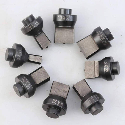 Hydraulic Slotted Die Set For CH60 Punching Machine arranged in a circle, showcasing various die sizes from 5.5x20mm to 14.5x22mm.