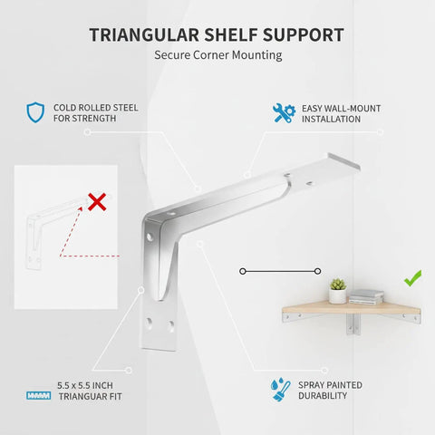 Triangular Cold Rolled Steel Shelf Bracket, 5.5 By 5.5 Inch Corner Support for Wall Mounted Floating Shelves in Kitchen or Bathroom