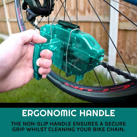 Using Green Handheld Bike Chain Cleaner Tool No Chain Removal Needed Quick Efficient Clean For Pro Grade Chain Maintenance