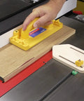 Bulletproof Zero Play Miter Stop Fence With Quick T Track Lock positioned on a table saw for precise wood cutting.