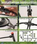 Installation guide for 233-Foot Drip Irrigation System Kit With Timer for garden and greenhouse, showing assembly steps.