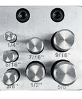 Top view of 7 Piece Circular Disc Cutter Set with Round Punches on Square Design, sizes 1/4 to 5/8 inch, heavy duty steel for metalworking