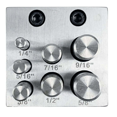 Top view of 7 Piece Circular Disc Cutter Set with Round Punches on Square Design, sizes 1/4 to 5/8 inch, heavy duty steel for metalworking