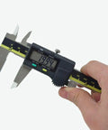 Hand holding 6 Inch Caliper With Absolute AOS Encoder, Ultra Accurate 0.0005 Inch, 0.01 mm Resolution, Pro Grade, Heavy Duty Stainless Steel