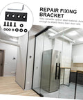Repair fixing bracket set for barn door rails, carbon steel, shown with mounting hardware and hex key, indoor view.