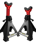 Pair of red-and-black 6-ton jack stands with rubber-padded saddle and wide black bases