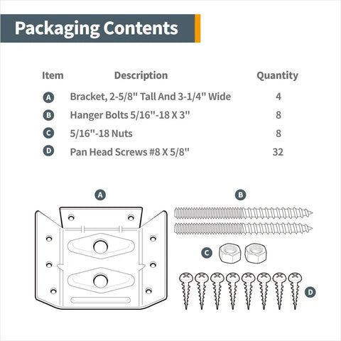 Packaging contents for Heavy Duty Surface Mount Corner Brackets 4Pack, showing brackets, screws, bolts, and nuts.