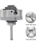 Heavy Duty Three Jaw Lathe Chuck Rock Solid Self Centering Mini Lathe Accessory With Connecting Rod And Wrench showing three jaw and four jaw chuck designs.