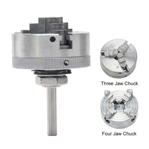 Heavy Duty Three Jaw Lathe Chuck Rock Solid Self Centering Mini Lathe Accessory With Connecting Rod And Wrench showing three jaw and four jaw chuck designs.