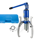 Heavy Duty Hydraulic Gear Puller Kit With Portable Organizer Case featuring dual jaw extractors and a hand pump for shop work.