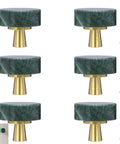 Six Pack 30mm Green Marble Cabinet Knobs With Brushed Brass Base displayed, showing natural stone and brass fittings for drawers.