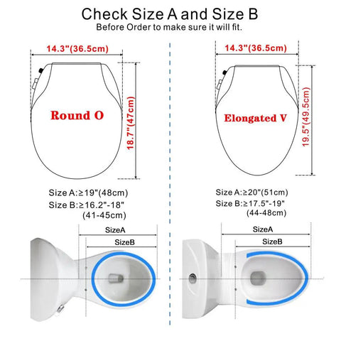 Size chart for Self Cleaning Dual Nozzle Bidet Seat With Non Electric Operation Separate Front And Rear Cleaning Natural Water Spray Soft Close Lid Easy DIY Installation For A Fresh Hygienic Bathroom Upgrade showing round and elongated toilet measurements