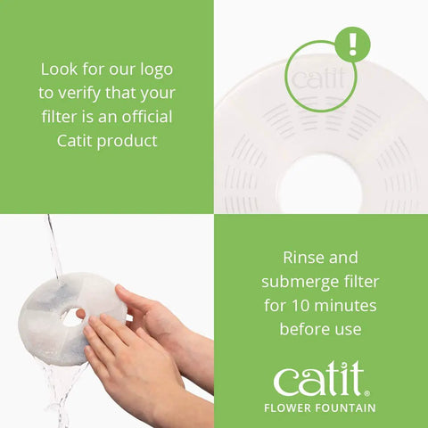 Instructional image for Catit Flower Fountain filter preparation with logo verification and rinsing steps.