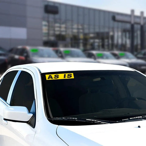 Ultra High Visibility Car Dealership Window Decals In Bold Black And Yellow Vinyl For Showrooms Used Cars And Auto Lots Big Easy To Read Window Displays And Windshield Signs Gas Saver 14.5 Inch By 2.75 Inch 12 Pack on a car windshield showing "AS IS"