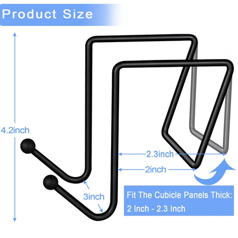 Four Pack Cubicle Coat Hooks For 2 Inch Wide Panels, Double Arm Metal Hangers For Office Cubicle Walls, Black Finish, size diagram
