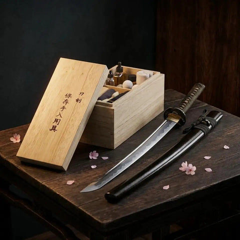 All In One Blade Cleaning And Maintenance Kit For Japanese Sword Care with choji oil, uchiko ball, and more on wooden table.