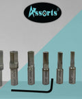 MT2 Rotary Broach Tool Holder With 7 Piece Hex Broach Set in various imperial sizes displayed on a teal background
