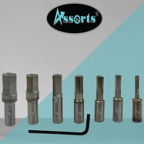 MT2 Rotary Broach Tool Holder With 7 Piece Hex Broach Set in various imperial sizes displayed on a teal background