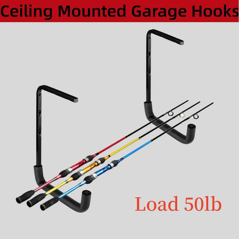 Six Pack Heavy Duty Overhead Garage Storage Hooks For Ceiling And Wall Mounts Ladder Hangers And Utility Ceiling Organizers For Wood Tools Bikes Ladders Hose And Gear, black metal hooks holding fishing rods, load capacity 50lb