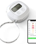 Bluetooth Body Tape Measure With App 60 Inch Retractable Locking Tape For Accurate Body Measurements And Body Fat Tracking Easy Read LCD Display Precise 0.01 Inch And 0.1 Centimeter Increments shown with smartphone displaying app interface