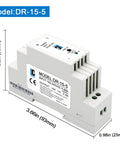 Din Rail Slim 5V Power Supply 15W 2.4A Plug And Play Switching Adapter For Control Panels, with dimensions and labels.