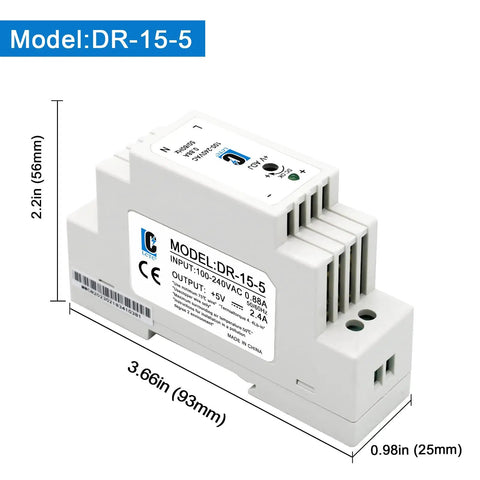 Din Rail Slim 5V Power Supply 15W 2.4A Plug And Play Switching Adapter For Control Panels, with dimensions and labels.