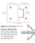 Diagram of Soft Close Cabinet Hinges Two Pack Heavy Duty 180 Degree Glass Door Hinge with dimensions and function description.