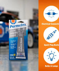 Front view of Permatex Tune-Up Dielectric Grease, 3 oz tube in blue packaging for automotive electrical connections