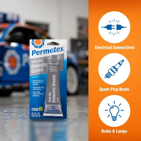 Front view of Permatex Tune-Up Dielectric Grease, 3 oz tube in blue packaging for automotive electrical connections