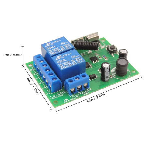 DC 12V 24V 30V Universal Wireless Remote Relay Switch Kit 433MHz RF with dual relays and circuit board dimensions