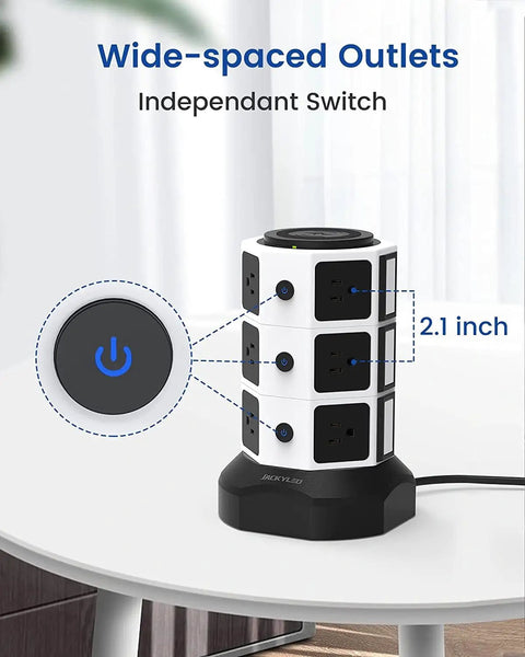 Tower Power Strip With Wireless Charging And Surge Protector, 13A 10 Outlets And 4 USB Ports, 6.5ft Extension Cord in white and black