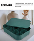 Heavy Duty Underwear Storage Box With Secure Lid Rock Solid Sock And Sleepwear Drawer Organizer, teal plastic with compartments.