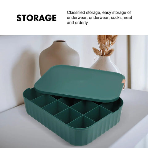 Heavy Duty Underwear Storage Box With Secure Lid Rock Solid Sock And Sleepwear Drawer Organizer, teal plastic with compartments.
