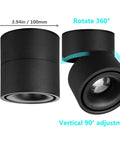 Dimmable LED Ceiling Spotlight With 360 Degree Swivel And Surface Mount, 10W COB Downlight, Indoor Black Finish, showing dimensions