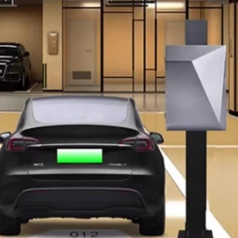 Top Shelf Free Standing EV Charger Cable Holder And Waterproof Station Box Heavy Duty Galvanized Steel seen in garage with car.