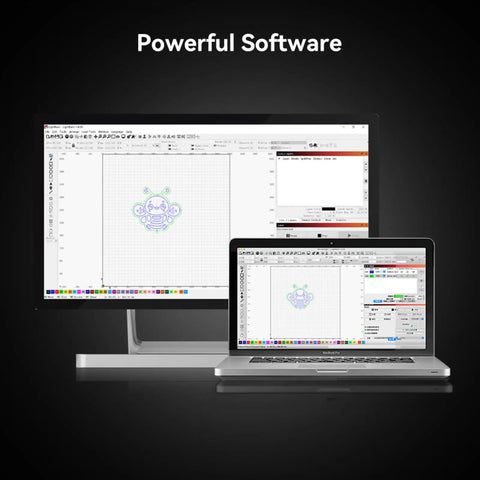 Powerful software interface displayed on monitor and laptop for Beast 60W Desktop Laser Engraver With Integrated Enclosure and Camera Air Assist.