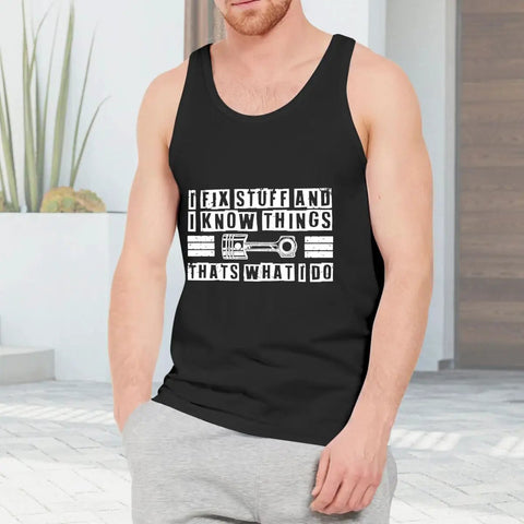 Dope Men's Tank Top Featuring A Gnarly Car Mechanic Funny Quote. Premium Cotton Sleeveless Muscle Tee worn casually indoors.