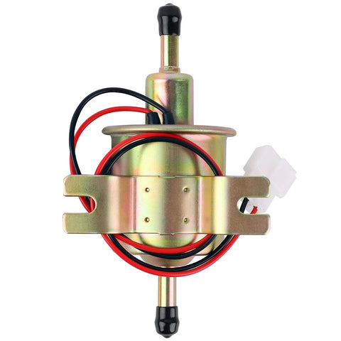 12V Inline Low-Pressure Fuel Pump Go-To Transfer Pump For Gasoline And Diesel Engines, front view with wires and connectors