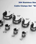 Front view of 8-piece 304 stainless steel cable clamp set in sizes 1/4–1 in with rubber cushions and mounting tabs