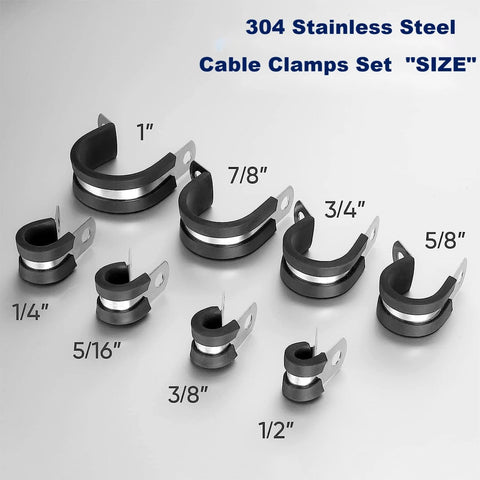 Front view of 8-piece 304 stainless steel cable clamp set in sizes 1/4–1 in with rubber cushions and mounting tabs