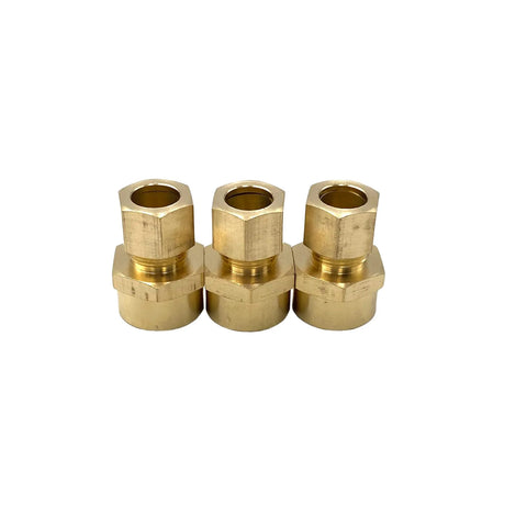 Three brass compression union connectors, 1/2" tube OD to 1/2" female NPT fittings.