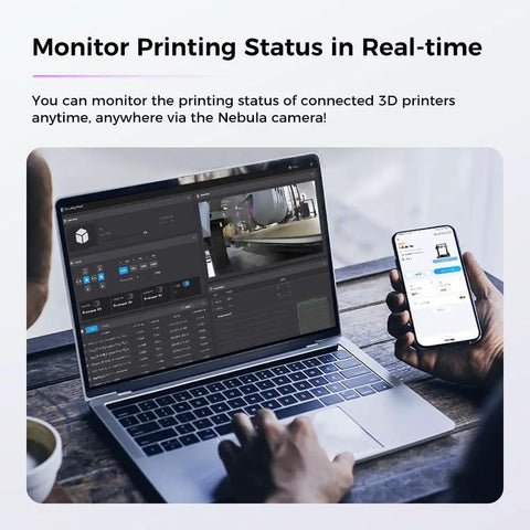 Person using laptop and phone for Nebula Camera For 3D Printers With 24 Hour Real Time Monitoring Time Lapse Spaghetti Detection