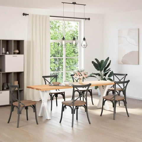 Dining room with table supported by Adjustable Dining Table Legs Two Pack Heavy Duty Powder Coated Steel Desk Legs With Levelers. White Finish.