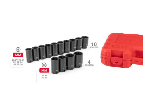 Half Inch Drive Deep Impact Socket Set With Case, 14-Piece Metric 27-39mm, displayed with included red plastic storage case