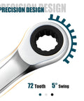 Close-up of 15mm Ratcheting Combination Wrench, Chrome Vanadium Steel Gear, 72 Tooth Precision Ratchet for Metric Cr V Gear Spanner.